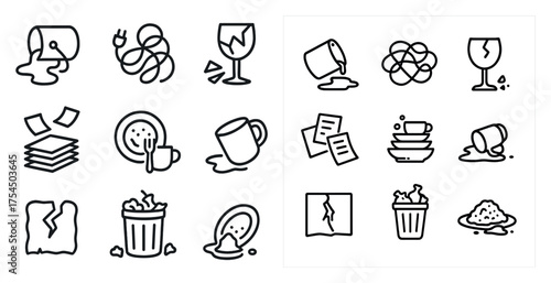 Spilled food and drink line icons set – outline, kitchen, mess and cleanup graphics