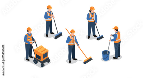 Diverse team of workers in safety gear collaborating for cleaning tasks