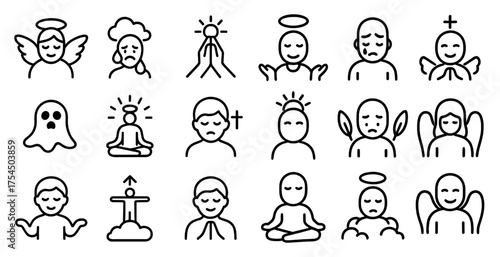 Mindfulness and meditation icons set – outline, linear, spiritual symbols