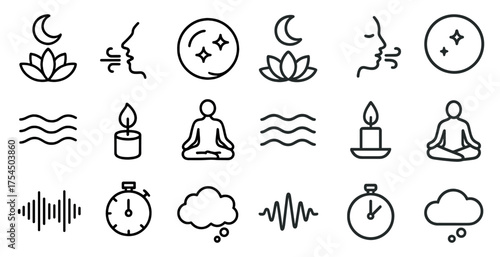 Wellness and meditation icons set – outline, linear, mindfulness and relaxation symbols