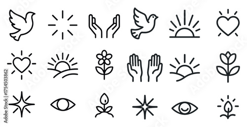 Peace and hope outline icons set – line, linear, harmony and tranquility symbols