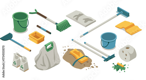 Isometric cleaning equipment set with brooms, buckets, and supplies for outdoor work