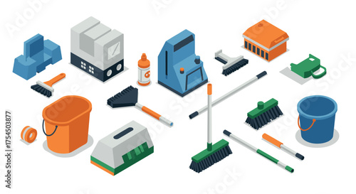 Isometric cleaning tools and supplies set on white background