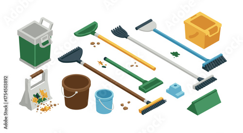 Isometric cleaning tools set with brooms, buckets, and dustpans