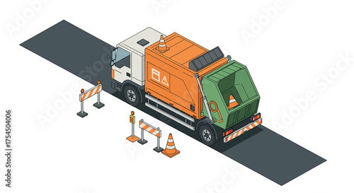 Isometric garbage truck with safety cones and barriers on road