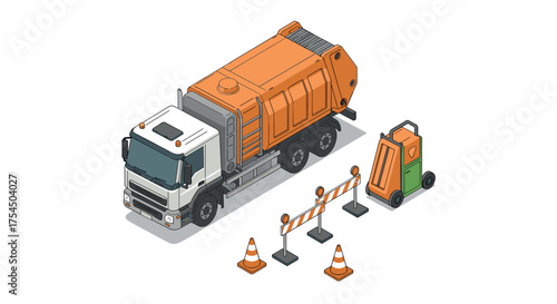 Isometric garbage truck with traffic cones and barriers on white background