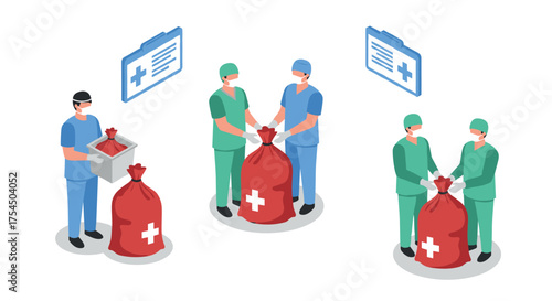 Isometric medical waste disposal with healthcare professionals and red biohazard bags