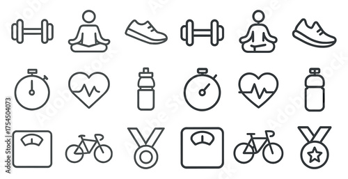 Fitness and health line icons set – solid, outline, gym and wellness symbols