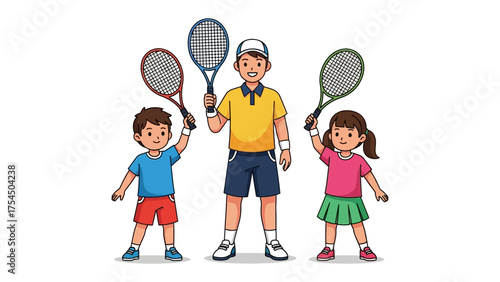 Tennis lesson with kids: A coach and two kids holding tennis rackets, ready for a tennis training session, set to have a fun and engaging tennis lesson.