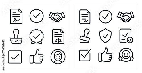 Approval and certification line icons set – solid, outline, verification symbols