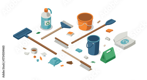 Isometric cleaning tools and supplies collection on white background