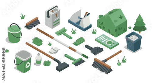 Comprehensive collection of isometric gardening tools and greenery elements for home lawn care
