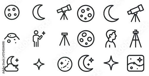 Astronomy and space outline icons set – celestial, planetary, telescope symbols