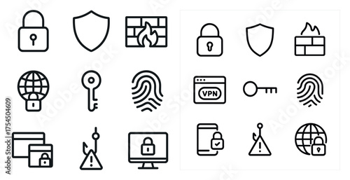 Network security line icons set – cybersecurity, firewall, data protection symbols