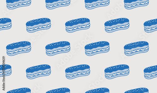 Seamless pattern of eclair with cream filling. Line art, minimalist style. Vector illustration. Bakery collection.