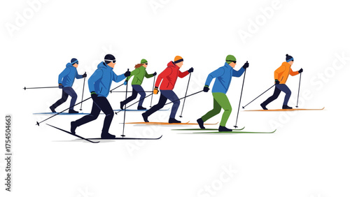 Cross-country Skiers: A group of cross-country skiers gliding gracefully across a snowy landscape, their vibrant jackets and determined expressions capturing the spirit of outdoor adventure.