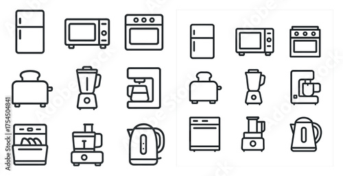 Home appliances line icons set – outline, kitchen gadgets, household equipment