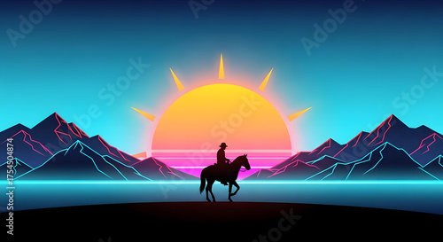Silhouette of a rider on horseback against a retro sunset and mountains