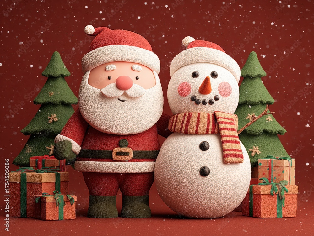 Fototapeta premium Festive Christmas Duo: Cheerful Santa Claus and Snowman with Presents and Pine Trees