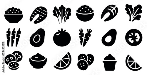 Vegetable and food solid icons set – silhouette, filled, culinary and kitchen symbols