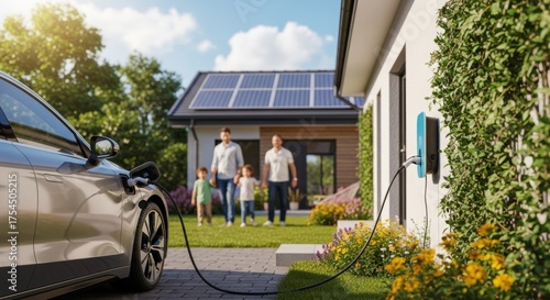 Family approaching home with electric car charging in suburban solar-powered neighborhood