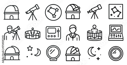 Astronomy line icons set – outline, linear, stargazing and observatory symbols