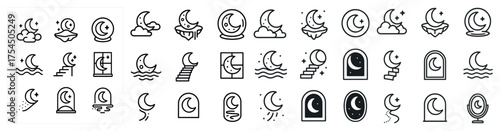 Moon and crescent outline icons set – silhouette, celestial, night symbols