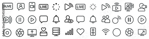 Live streaming outline icons set – linear, streaming, broadcast symbols
