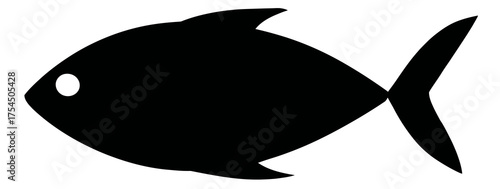 Simple black and white illustration depicting a fish. It has a fin on top, a tail and a round eye