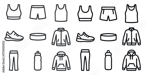 Fitness outline icons set – exercise, gym, workout and sports symbols