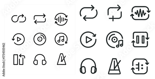 Music and audio line icons set – outline, linear, sound and playback symbols