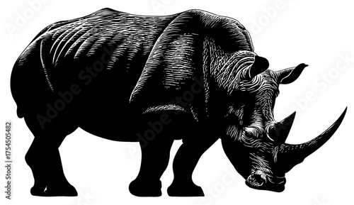 A monochrome depiction of a rhinoceros, rendered in a detailed, hatched linework style