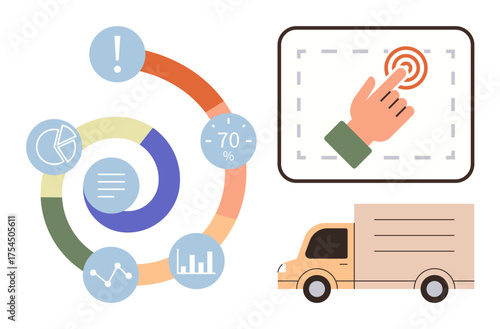 Circular data infographic, interactive hand icon, and delivery truck illustration. Ideal for analytics, logistics, technology, data sharing, transportation, business solutions digital interaction