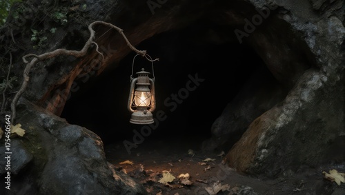 Illuminated Lantern Hanging at the Entrance of a Dark Cave.