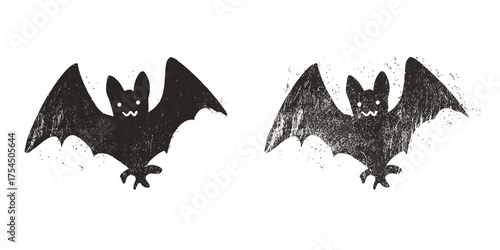 Two grunge style bats in a simple design, one fully black and one distressed in appearance