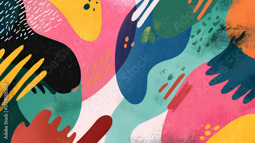 A vibrant and textured abstract composition featuring organic shapes and playful patterns in a dynamic arrangement of colorful elements.