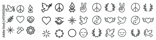 Peace and harmony icons set – outline, line, tranquility and unity symbols