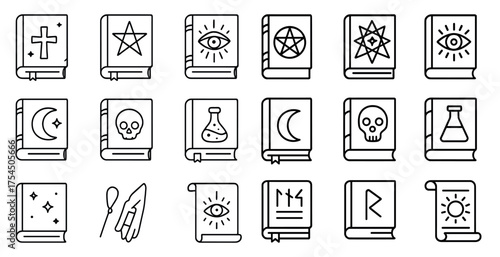 Mystical and occult outline icons set – linear, symbolic magic and witchcraft signs