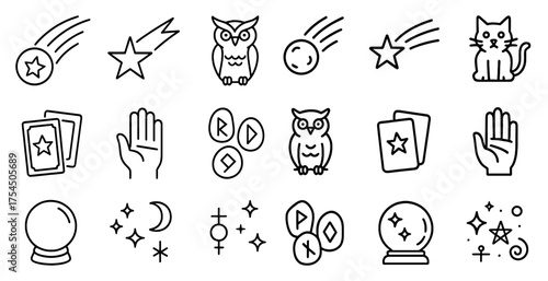 Astronomy and magic outline icons set – celestial, mystical, flat art symbols