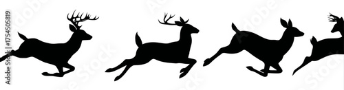Silhouette depictions of four deer in mid-leap, showcasing their powerful movement against a white background