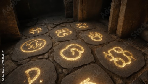 Illuminated Rune Stones in Dark Chamber - Ancient Mystery.