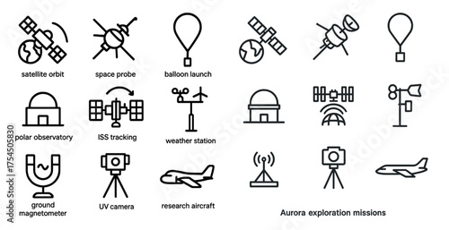Space exploration outline icons set – satellite, research, astronomy symbols