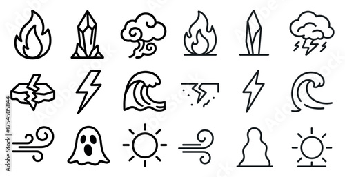 Natural disaster outline icons set – line, silhouette, weather and emergency symbols