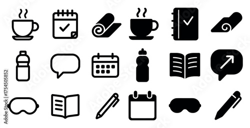 Fitness and wellness solid icons set – filled, exercise and health symbols