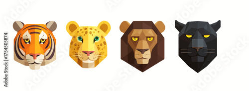 A geometric illustration displaying faces of four majestic felines tiger, leopard, lion, and panther