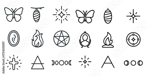 Esoteric and spiritual outline icons set – linear, mystical, symbol collection