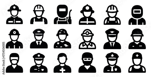 Professional occupations solid icons set – filled, career, job role symbols