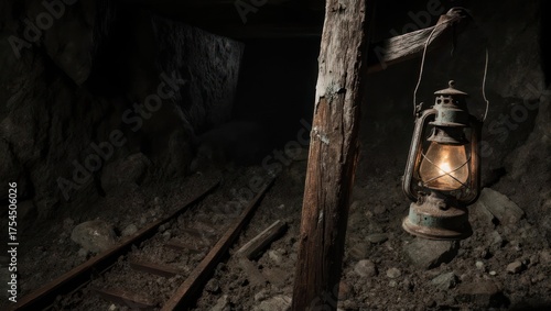 Illuminated Lantern in Dark Mine Shaft with Tracks.