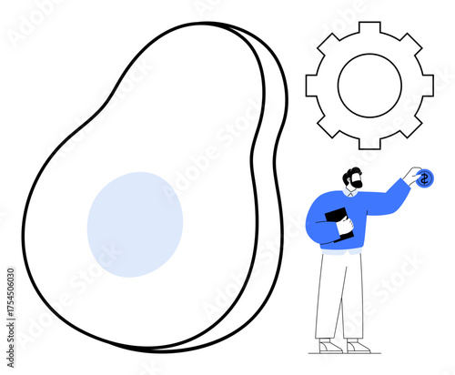 Man holding tablet stands near giant avocado shape and gear, symbolizing balance, innovation, and productivity. Ideal for teamwork, health, creativity, planning, strategy sustainability simple flat