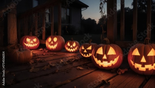 Illuminated Jack-o-Lanterns on a Wooden Deck at Night.